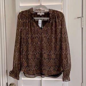 Loft Floral Smocked Tie-Neck Blouse in Black - Size L